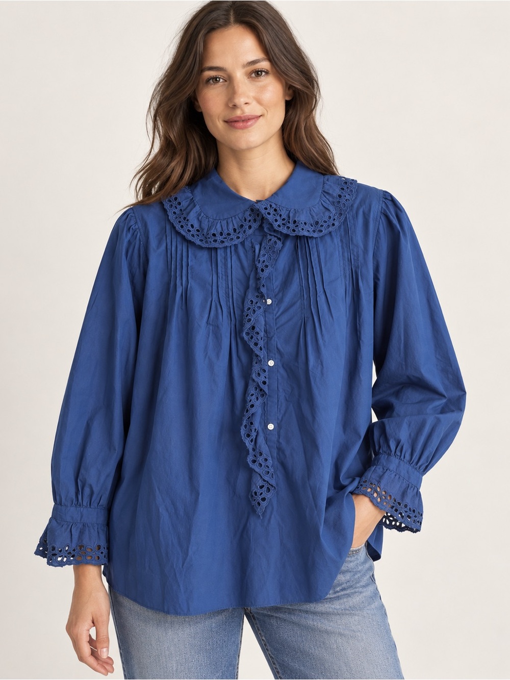 Nili Lotan Blue Cotton Eyelet Collar Pintuck Blouse Top Size M